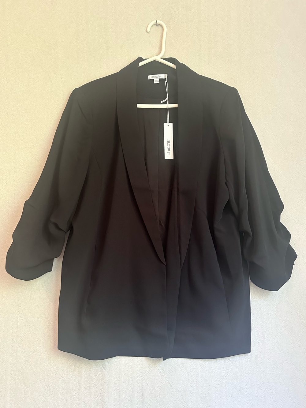 NWT Chico's Soft Black Open-Front Blazer Jacket 3/4 Ruched Sleeve Sz 16